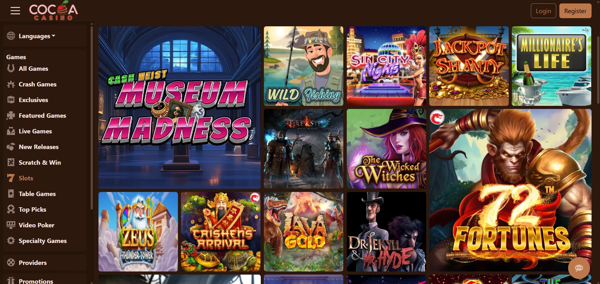 Cocoa games lobby with pokies thumbnails